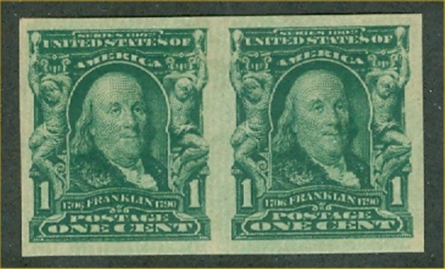 314 1c Franklin, blue green Imperforate, Mint NH  F-VF Pair #314nhpr