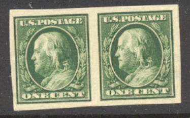 383 1c Franklin, green, SL Wmk Imperforate, Mint NH VF Imperf Pair  #383nhpr