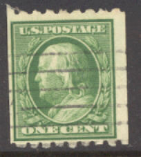 390 1c Franklin, green, Perf 8 1/2 Coil SL Wmk, Used Minor Defects #390usedmd