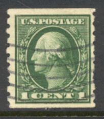 412 1c Washington, green, Perf 8 1/2 Coil, Used Minor Defects #412umd