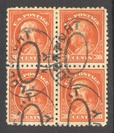 439 30c Franklin, orange red, Used Minor Defects Block of 4 #439ublkmd