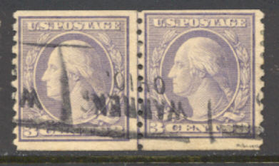 493 3c Wash,Type I, Rotary Coil, Used F-VF Line Pair #493ulp