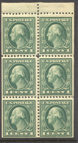498e 1c Washington, green, F-VF Mint NH Booklet Pane of 6 #498enh