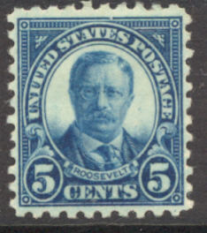 586 5c T. Roosevelt Perf 10 F-VF Mint Hinged Plate Block of 4 #586ogpb