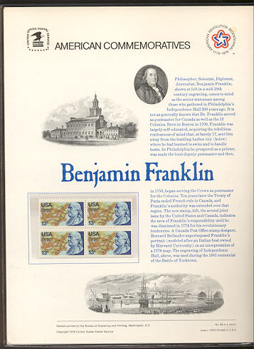 1690 13c Benjamin Franklin USPS Cat. 66 Commemorative Panel #cp066