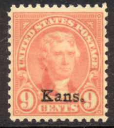 667 9c Jefferson Kansas Overprint F-VF Mint, hinged #667og
