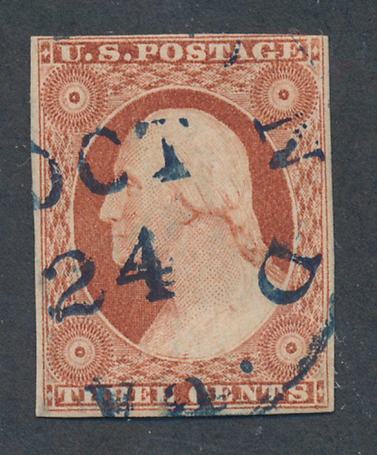 10A 3c Washington, orange brown, Type I Imperforate Used Minor Defects #10ausedmd