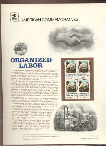 1831 15c Organized Labor USPS Cat. 131  Commemorative Panel #cp131