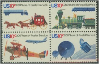 1572-5 10c Postal Service,Attached block of 4 Used #1572-5attu