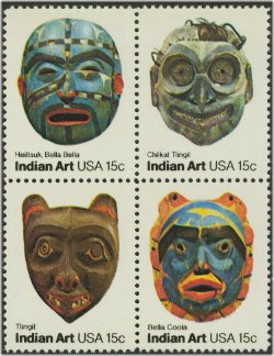1834-7 15c Indian Masks Attached block of 4 Used #1834-7attu