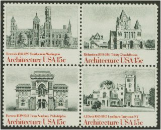 1838-41 15c Architecture Attached block of 4 F-VF Mint NH #1838nh
