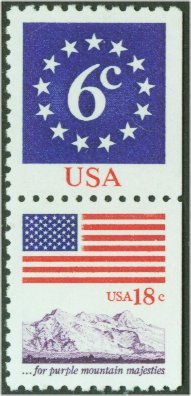 1892-3 6c stars/18c Flag, Attached Pair Used #1892-3attu
