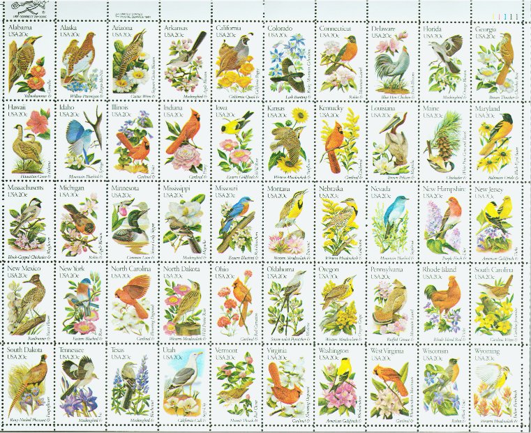 1953-2002 Birds  Flowers Sheet of 50 Perf 10.5 x 11.25 Used #1953shused