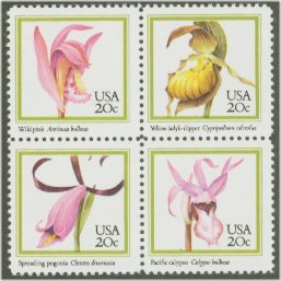 2076-9 20c Orchids Attached block of 4 Used #2076-9attu