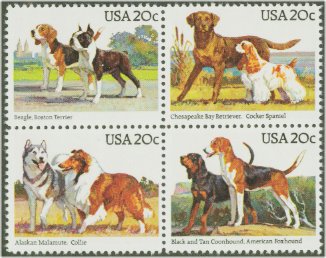 2098-2101 20c Dogs Attached block of 4 Used #2098-101attu