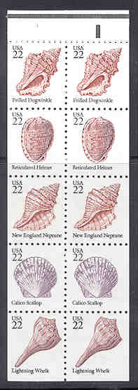 2121a 22c Seashells Attached Booklet Pane of 10 #2121abk