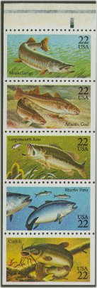 2205-9 22c Fish Attached strip of 5 F-VF Mint NH #2205nh
