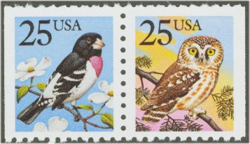 2284-5 25c Owl and Grosbeak Attached Pair F-VF NH #2284pr