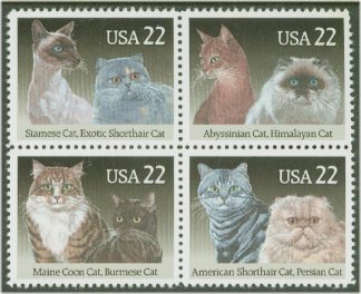 2372-5 22c Cats Attached Block of 4 Used #2372attu