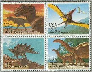 2422-5 25c Dinosaurs Attached Block of 4 F-VF Mint NH #2422nh