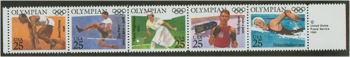 2496-2500 25c Olympians Attached strip of 5 Used #2496attu