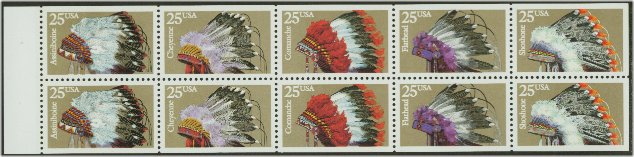 2501-5a 25c Indian Headdresses Booklet Pane F-VF Mint NH #2501a