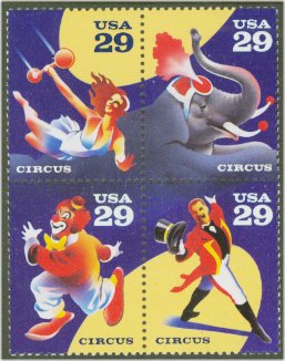 2750-3 29c Circus Attached block of 4 F-VF Mint NH #2750-3nh