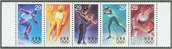 2807-11 29c Winter Olympics Attached strip of 5 Used #2807-11usg