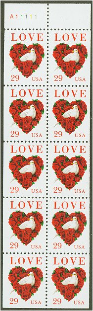 2814a 29c Love  Dove Booklet Pane F-VF Mint NH #2814a