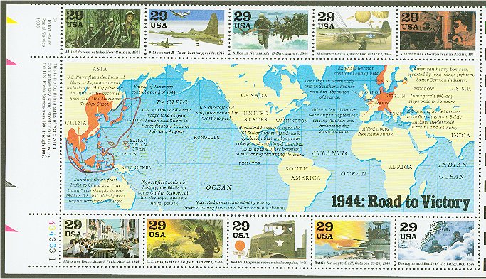 2838a-j 29c WW II Souvenir Sheet Full Sheet of 20 #2838sheet20