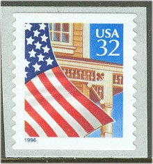 2915B 32c Flag over Porch blue 1996 Plate Number Strip of 3 #2915bpnc