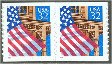 2915C 32c Flag/Porch(red 1996)SA Coil die cut 10.9 F-VF Mint NH #2915cnh