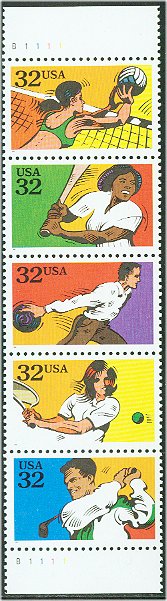 2961-5 32c Recreational Sports Attached strip of 5 F-VF Mint NH #2961-5nh