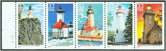 2973a 32c Lake Lighthouses Unfolded Booklet Pane of 5 F-VF Mint  #2973a