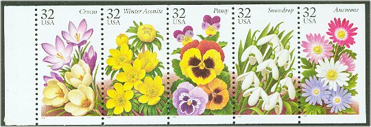 3025-9 32c Winter Garden Flowers Used Strip of 5 #3025-9blku