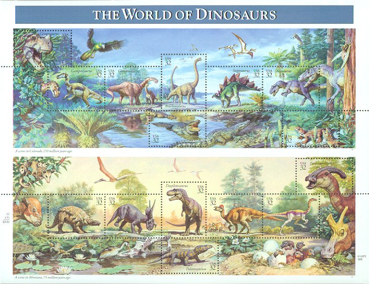 3136 32c Dinosaurs Sheet of 15 Used #3136shused