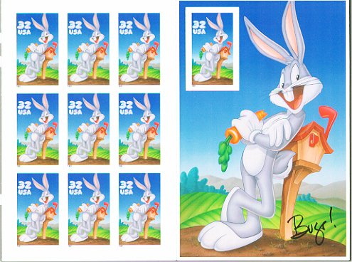 3138 32c Bugs Bunny Sheet of 10. 1 stamp Imperforate F-VF Mint N #3138sh