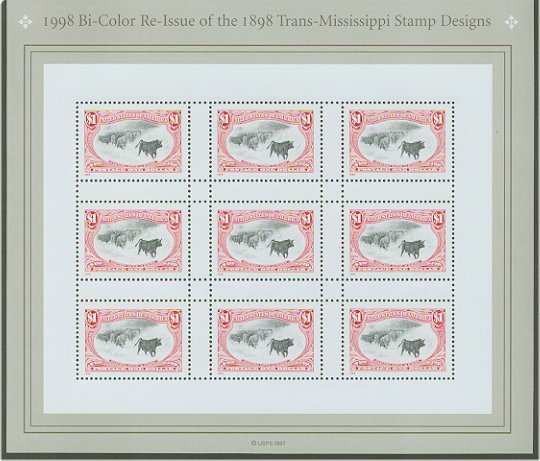 3210 Trans Mississippi Sheet, 9 1.00 stamps Used #3210shused