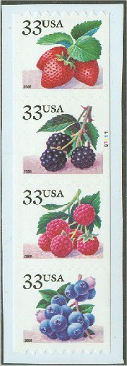 3404-7 33c Fruit Berries Linerless Coil strip of 4 F-VF Mint NH #3404-7_mnh