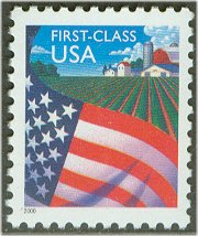 3448 (34c) Flag over Farm Water Activated Plate Block #3448pb