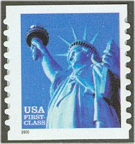 3453 (34c) Statue of Liberty, SA Plate Number Coil Strip of 3 #3453pnc
