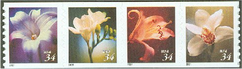 3478-81 34c Four Flowers Coil Mint NH PNC of 5 #3478-81pnc5