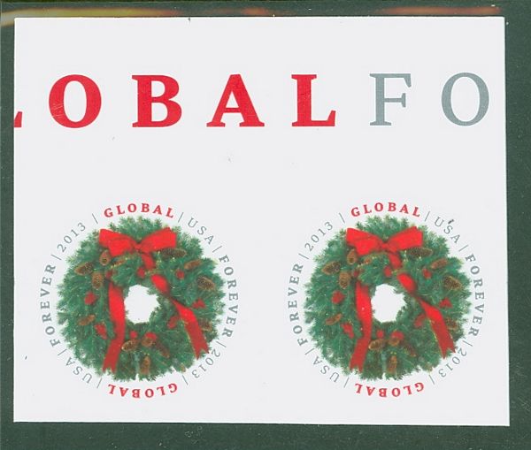 4814i Global Forever Christmas Wreath Imperf Plate Block of 4 #4814ipb