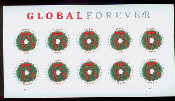4814i Global Forever Christmas Wreath Imperf Sheet of 10 #4814ish