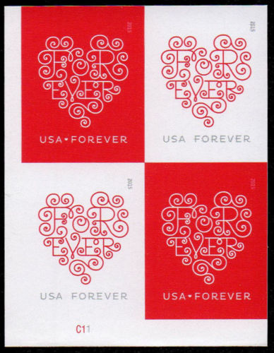 4955-56i Forever Hearts Imperf Mint Plate Block of 4 #4955-6ipb