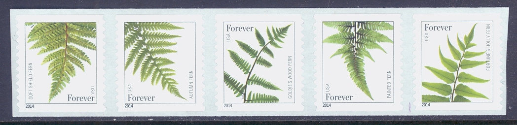 4973-77 Forever Ferns 2014 Reprint Mint Coil Strip of 5 #4973-7