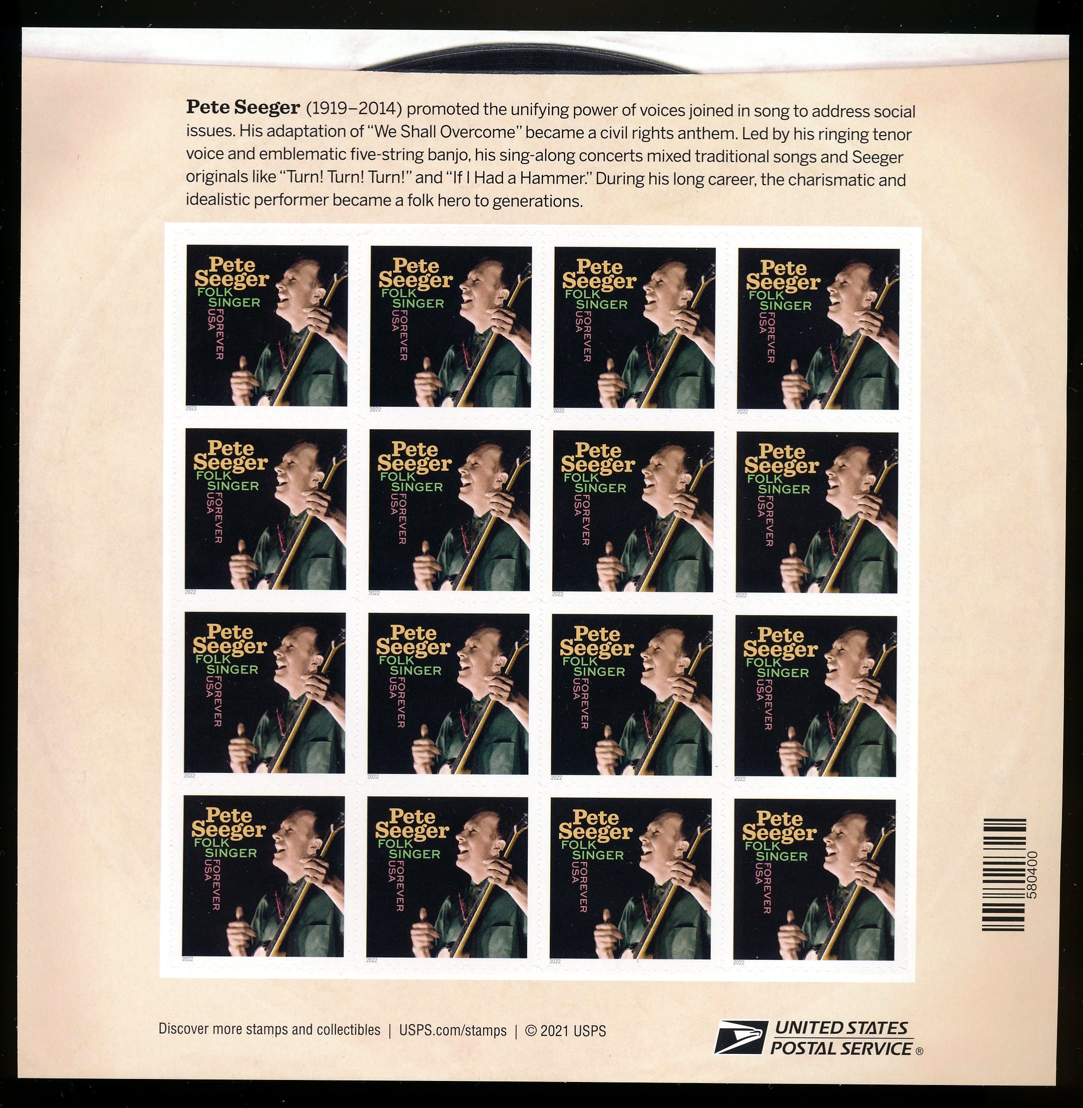 5708 Forever Pete Seeger Mint Pane of 16 #5708sh