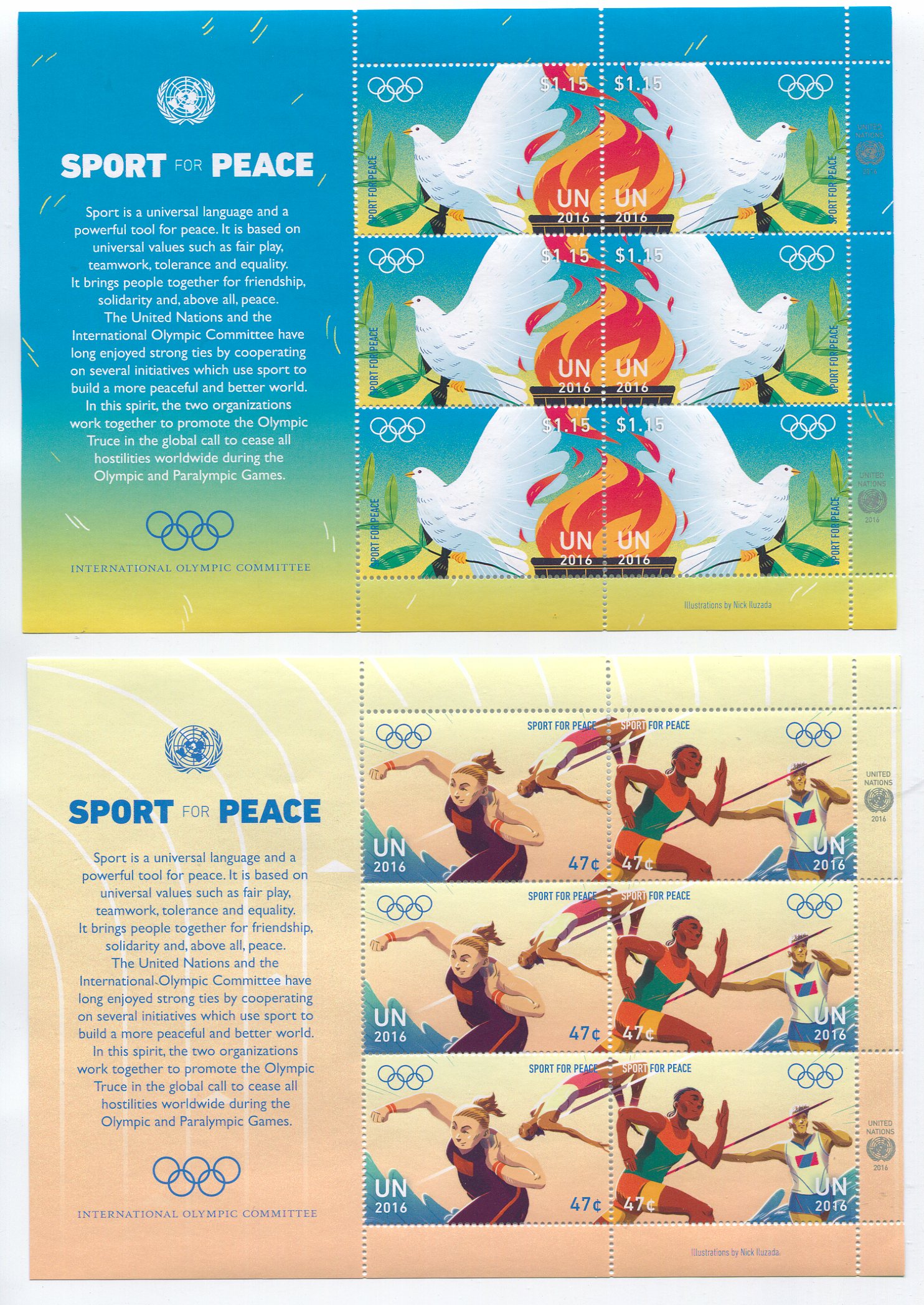 UNNY 1137-40 47c,1.15 Sport For Peace 2 Sheets of 6 #ny1137-40shset