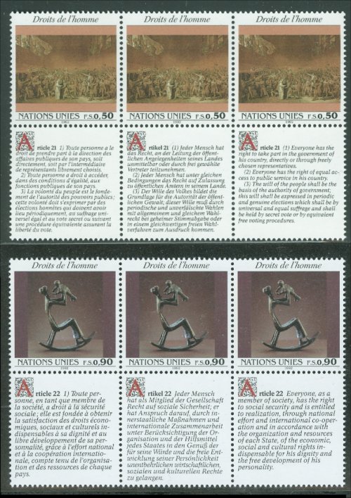 UNG 234-5   50c,90c Human Rights, Strips of 3 w/Tabs UN Genev #UNG234-5str