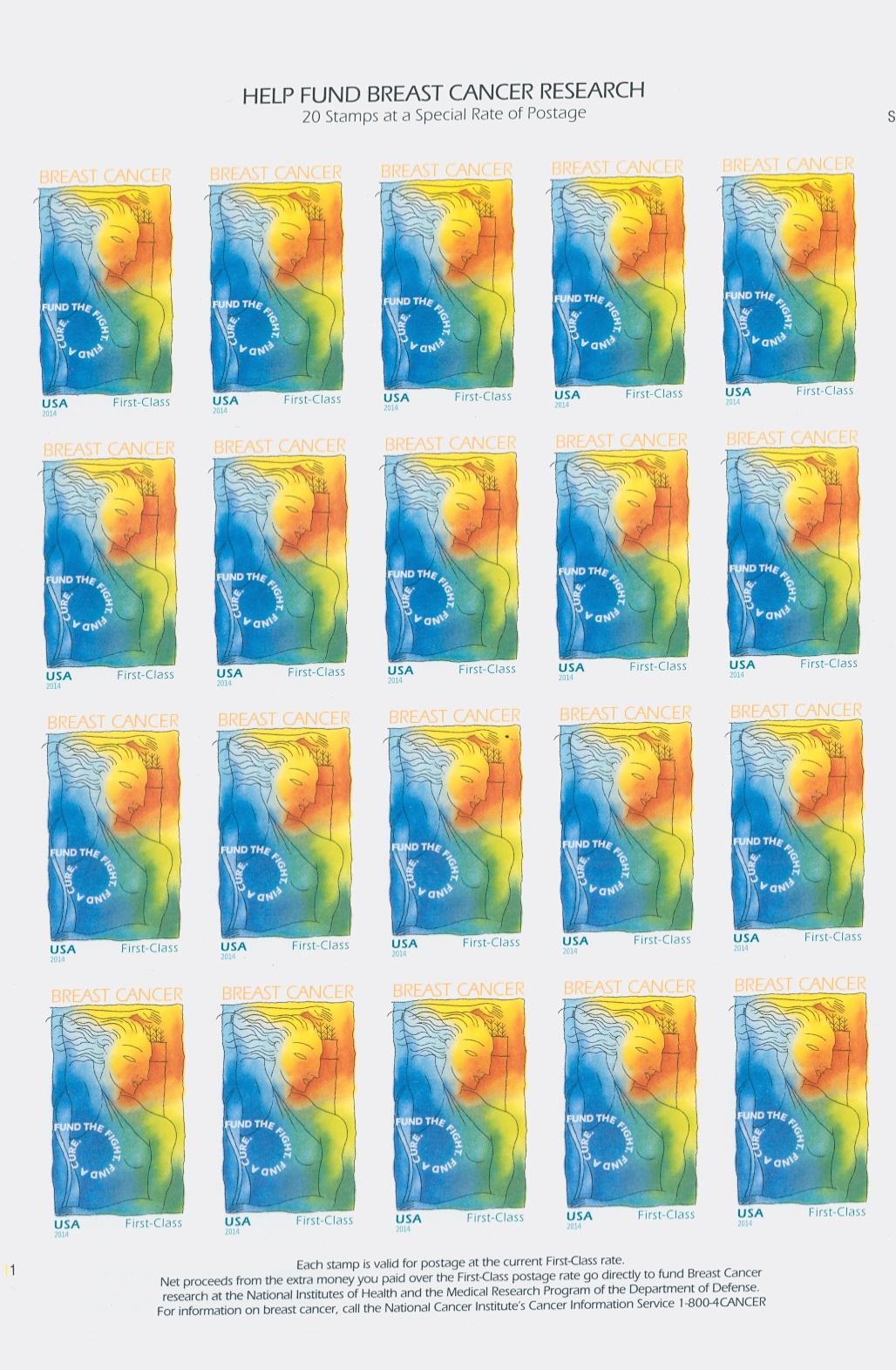 B5 (Forever+11c) Breast Cancer Research Semi Postal Sheet of 20 #b5sh